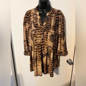Vera Rose Brown Snake Skin Design 4 Button 3/4 Sleeve Blouse Sz 1X